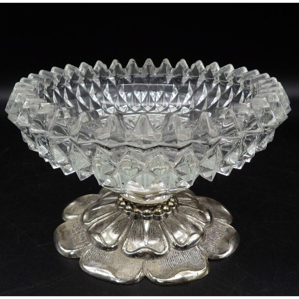 Vintage Cut Glass Candy Dish Clear Glass with Silver Tone Flower Pedestal